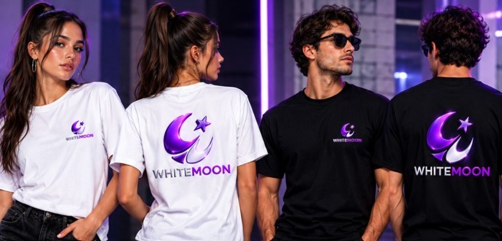 Cuatro modelos con la camiseta WhiteMoon en blanco y en negro, de frente y de espalda